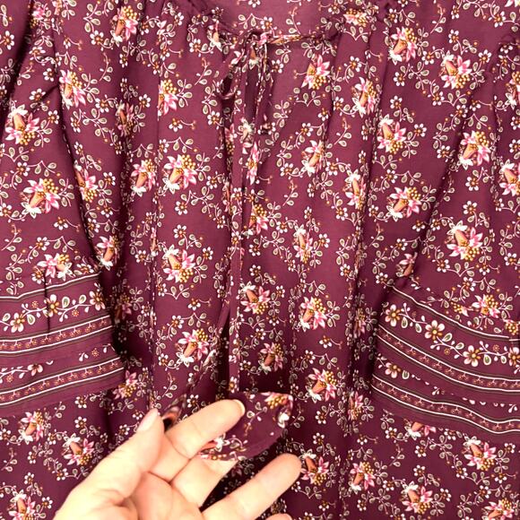 Max Studio Wms L Plum Floral Blouse Flutter Ruffle Sleeve Tie Neck Cottagecore - Picture 5 of 8